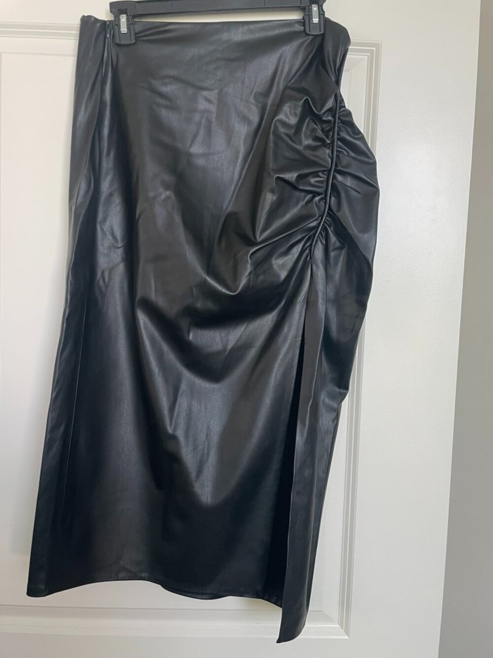 Zara -Black Faux Leather Ruched Skirt – Side Slit – Chic Night‑Out Piece